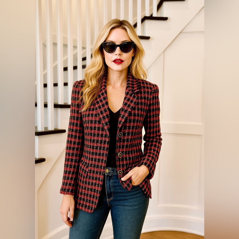 Mario Serrani Red and Black Plaid Blazer